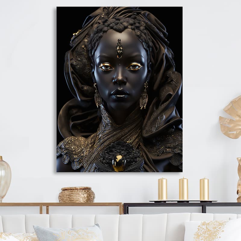 Designart "CloseUp Black And Gold African Goddess VII" African